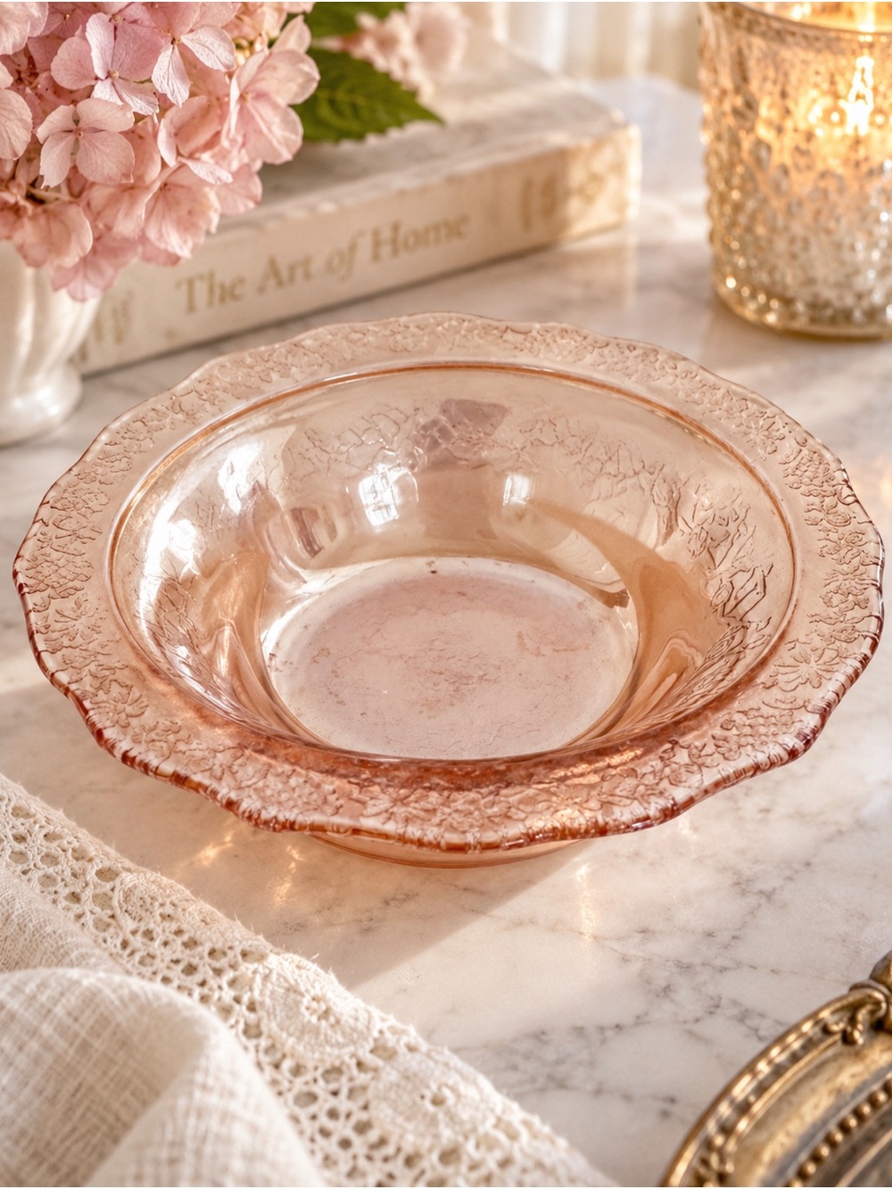 Vintage Pink Depression Glass Bowl Floral Scalloped Grandmillennial Cottagecore